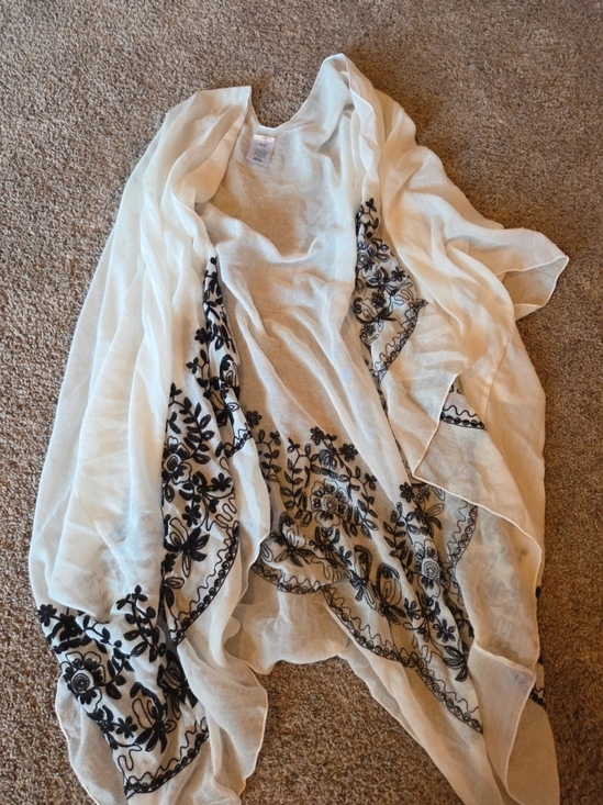 Notations Tops - Notations Ivory Sheer Kimono with Black Floral Embroidery